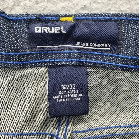 Qruel Hip Hop Baggy Jeans Men 32/32 Blue Denim Studded Belt Loop Double Stitched